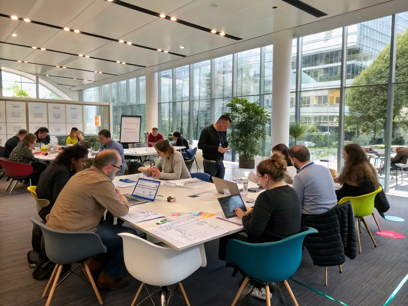 A photograph capturing the energy of a business summit, with attendees actively participating in a workshop session, set against the backdrop of a modern conference center in London.