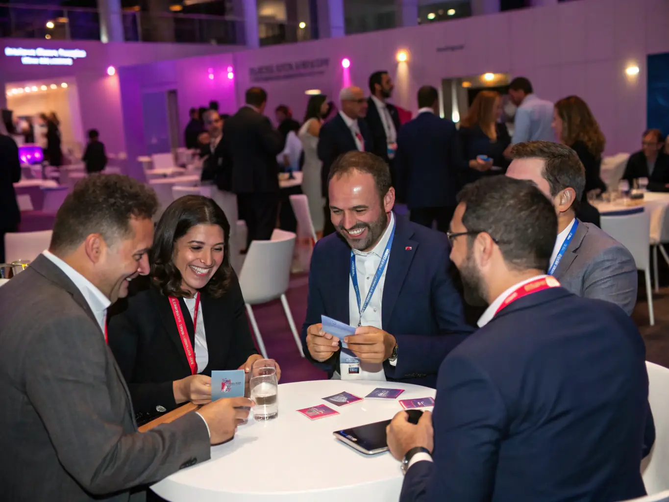 A photograph showcasing a networking event at a business summit, with attendees exchanging business cards and engaging in conversations in a stylish venue in Edinburgh.